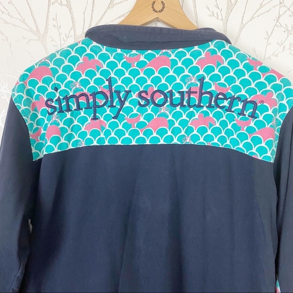 SIMPLY SOUTHERN Navy Blue Quarter Zip Contrast Fish Scale Elbow Patch Pullover - Picture 9 of 12